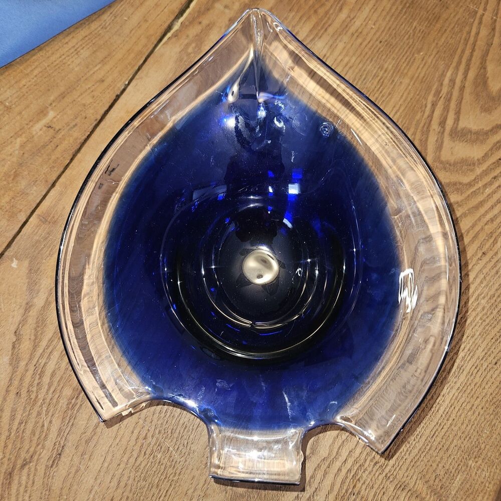 Blue And Clear Hand‎ Blown Glass Spade Pontil Mark Bowl